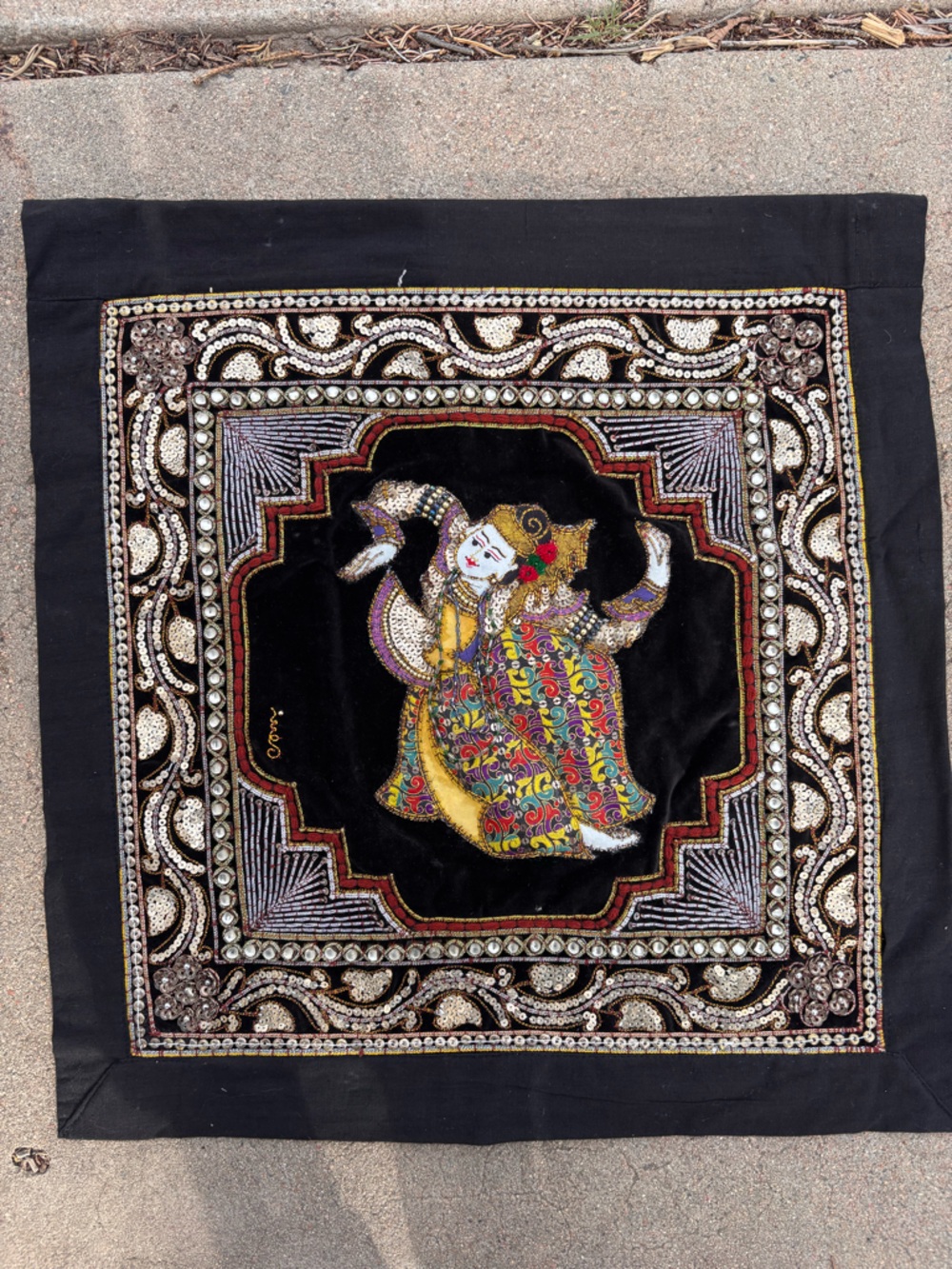 Vintage Kalaga Wall Hanging Asian Burmese Thai India Dancer Beaded Tapestry
